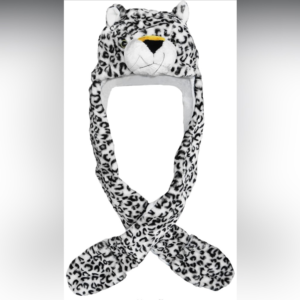 White Leopard Winter Headwear Plush Animal Themed Long Scarf & Mittens